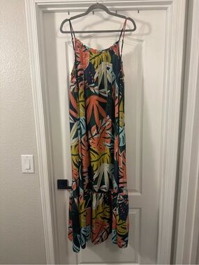 True Destinations Tropical Leaf Print Maxi Dress in Coral & Teal